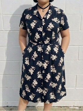 Vintage 80s Anne Weyburn Floral Shirt Dress Belted Black White